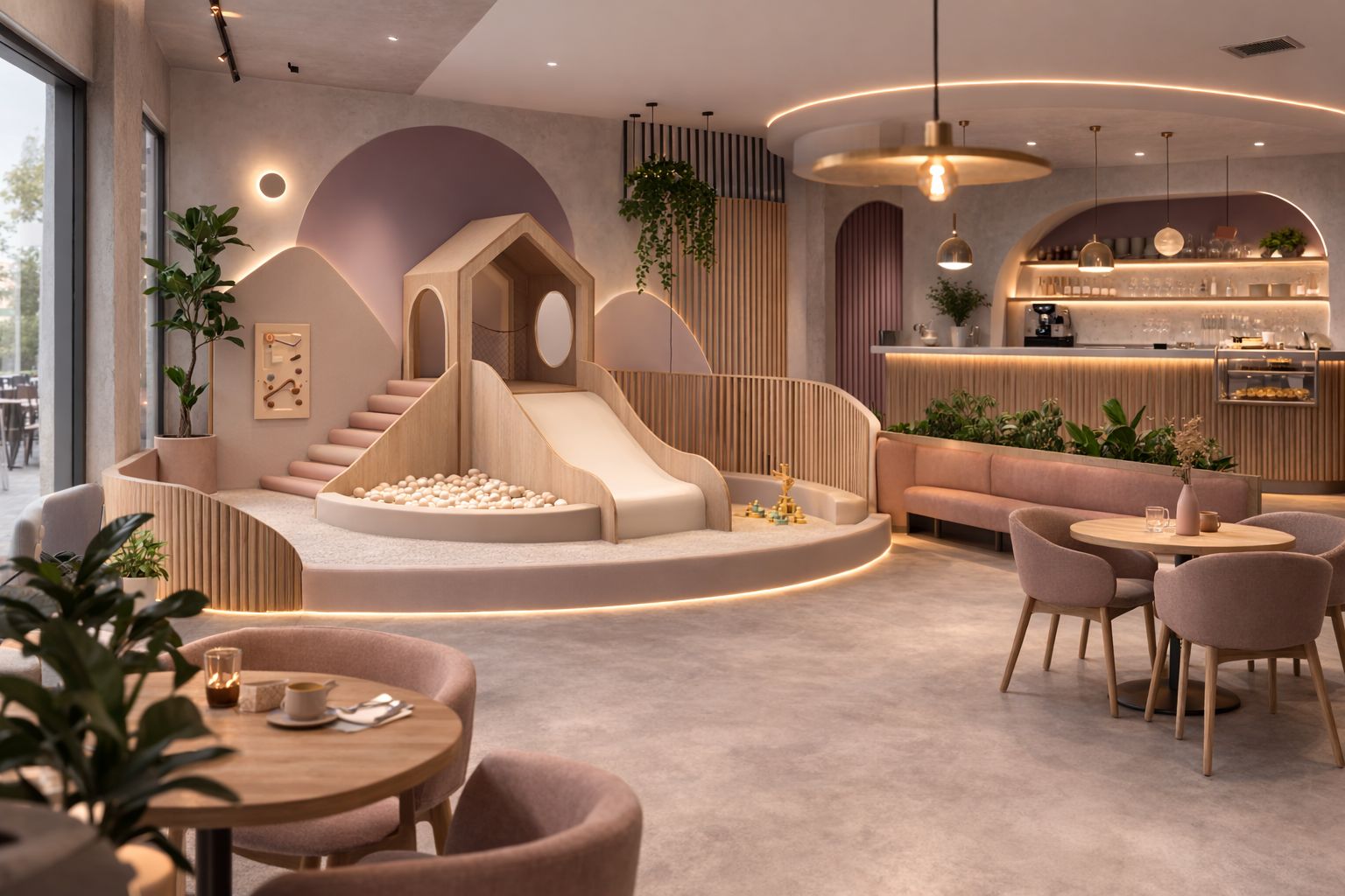 Rincón infantil integrado en la sala de un restaurante — cabaña con tobogán y piscina de bolas en tonos rosa/malva a juego con la decoración