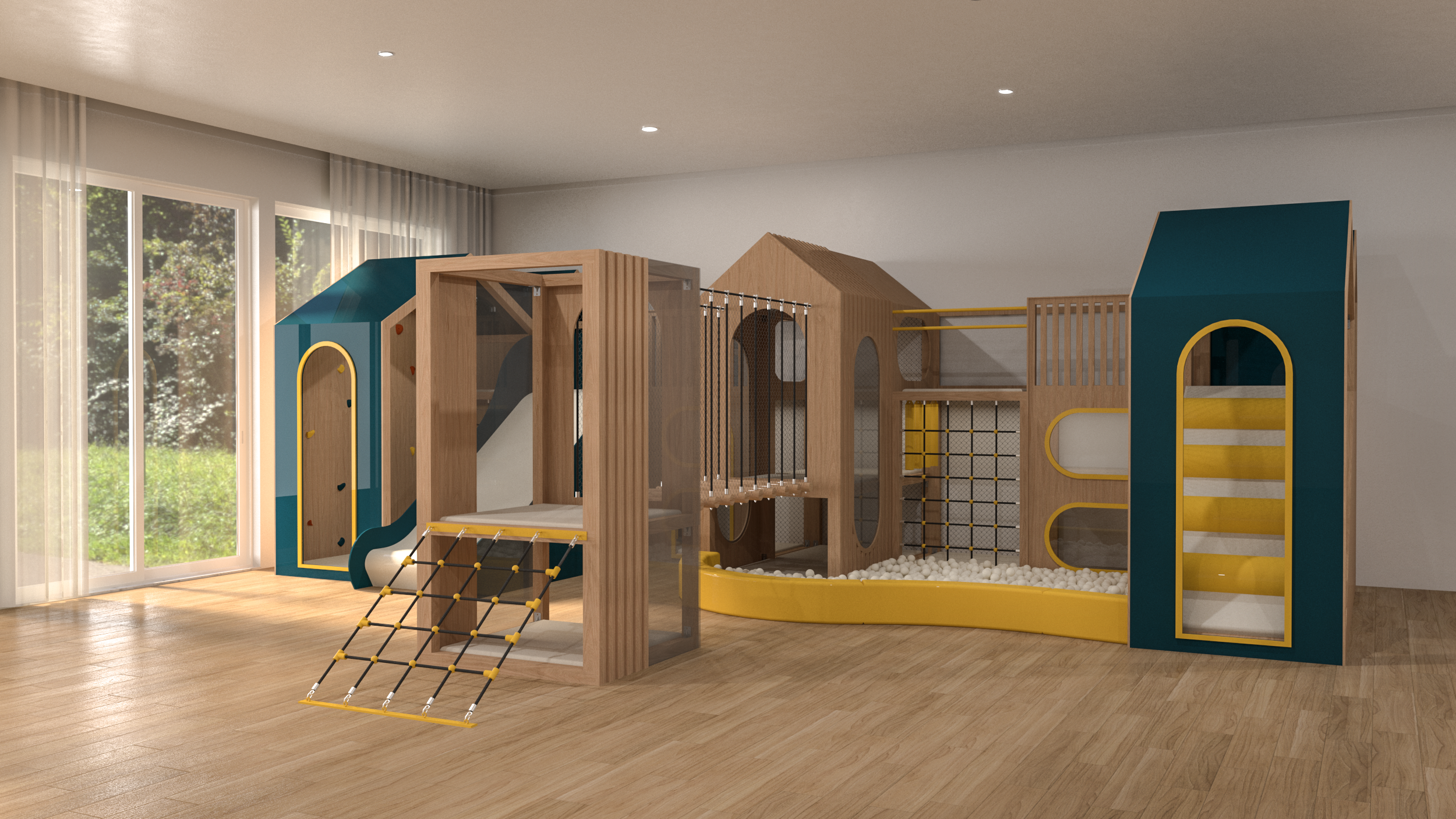Espacio infantil indoor Kiduplay — estructura modular de madera