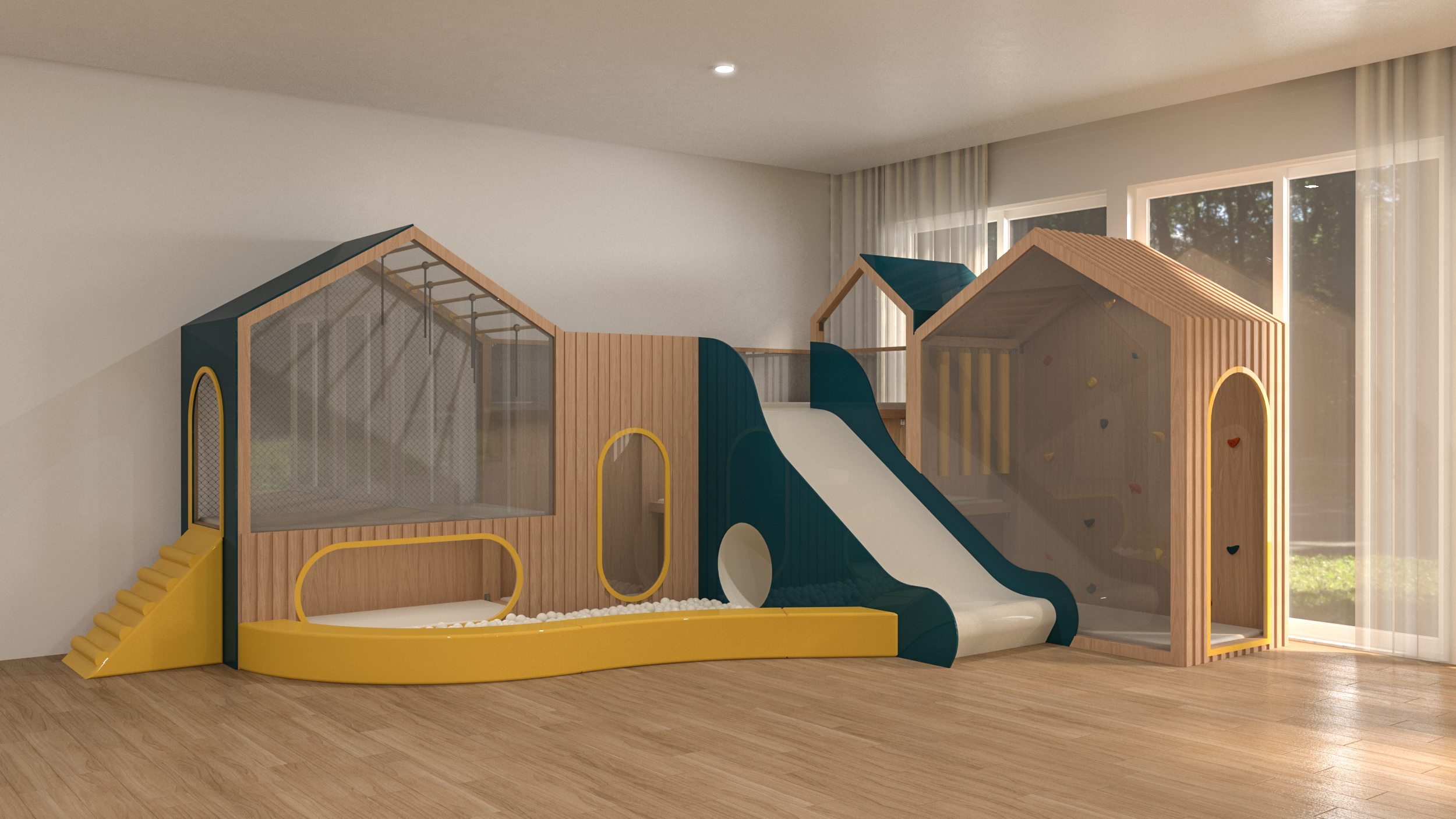 Conjunto modular Kiduplay con tobogán y casas