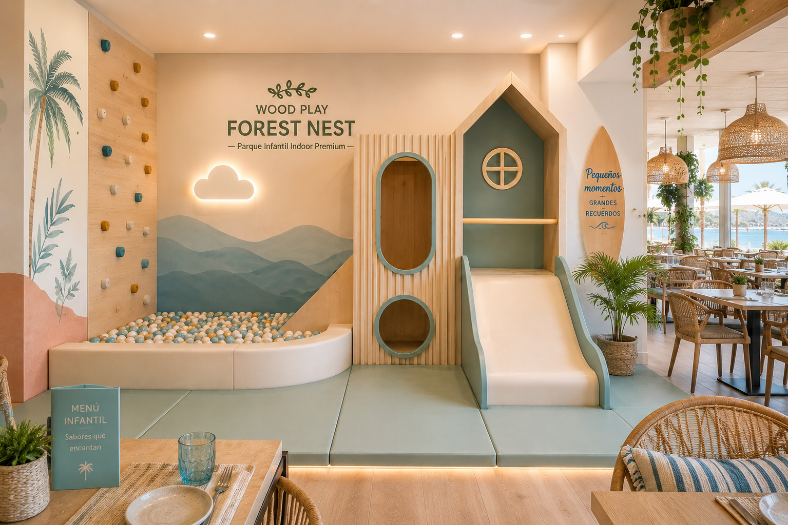 Zona de juego en sala de restaurante de hotel — Wood Play Forest Nest