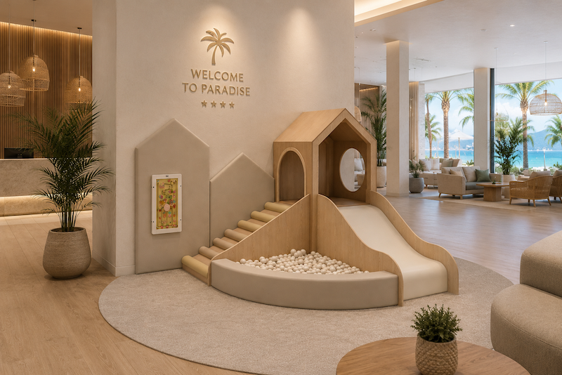 Rincón de juego en lobby de hotel — cabaña de madera con tobogán y piscina de bolas